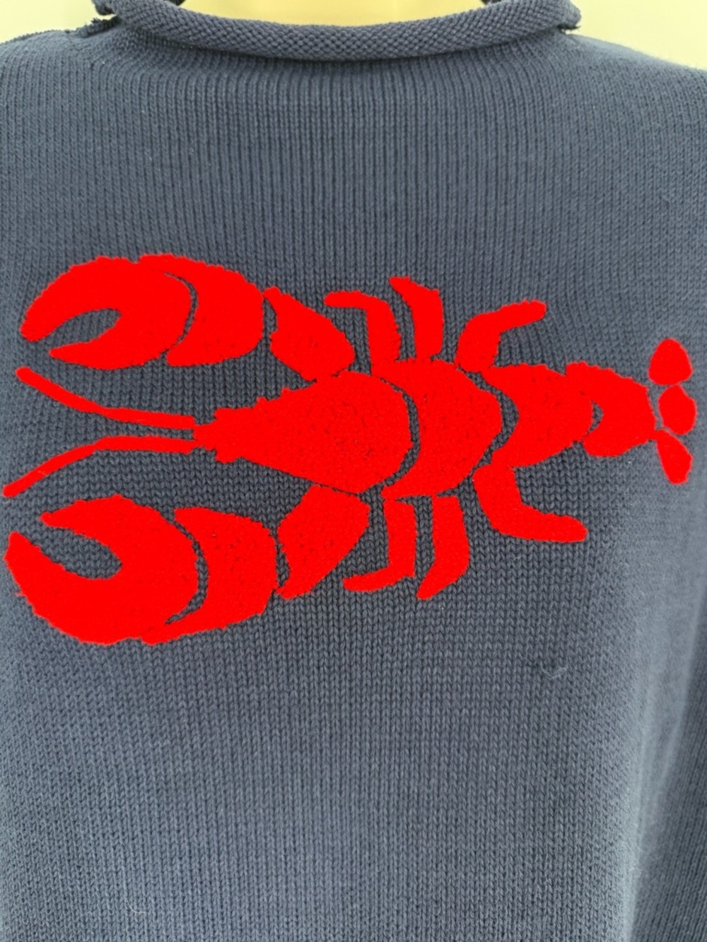 Navy Cotton Roll Neck Sweater Embroidered Red Lobster M/L Coastal Nautical - Picture 5 of 9